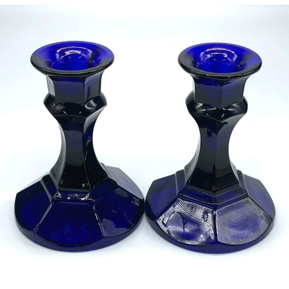 Vintage Libbey Cobalt Blue Worthington Panel Taper Candle Holders 4" - Picture 5 of 5